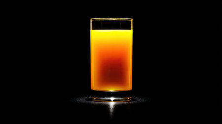 A vibrant glass filled with a bright yellow juice stands out against a dark background, creating a stunning visual effect suited for various themes.の素材