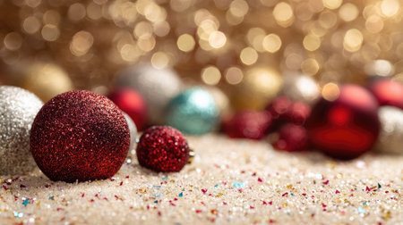 This enchanting image showcases a festive arrangement of glittering Christmas ornaments scattered across a sandy surface, illuminated by shimmering bokeh lights, creating a warm holiday atmosphere.の素材