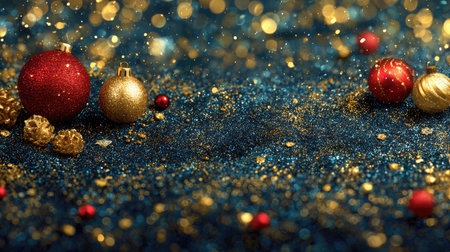 This vibrant image features beautiful Christmas ornaments sprinkled across a sparkling blue surface, creating a magical holiday atmosphere filled with joy and celebration.の素材