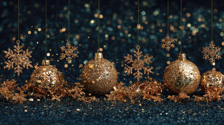 This captivating image features shimmering gold ornaments and delicate snowflakes, creating a festive and glamorous holiday atmosphere that inspires celebration.の素材