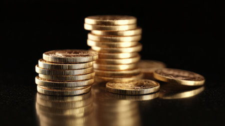 A captivating image showcasing stacks of gold coins that symbolize wealth and prosperity, set against a dark background, enhancing the luxurious feel.の素材