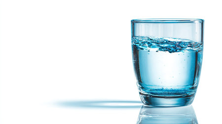 A stunning close-up of a crystal clear glass filled with water, showcasing refreshing waves and light reflections against a pure white background.の素材
