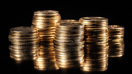 This image features multiple stacks of gleaming gold coins, perfectly arranged against a dark background, capturing reflections that enhance the sense of wealth and investment.の素材