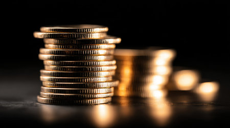 This close-up image showcases stacks of shiny golden coins, creating an eye-catching visual on a dark backdrop. Perfect for finance and wealth themes.の素材