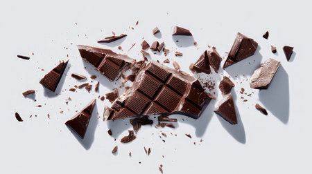 High-quality image featuring broken pieces of dark chocolate on a clean white surface, perfect for showcasing gourmet dessert ideas and chocolate indulgence.の素材