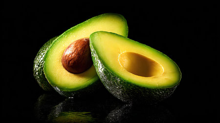 This captivating image features two freshly cut avocado halves showcasing their vibrant green color and rich texture against a dark background.の素材