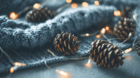A close-up scene featuring pine cones arranged on soft blue knitted fabric, illuminated by warm twinkling lights. This image captures a cozy winter ambiance perfect for seasonal decor.の素材