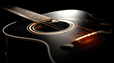 This stunning close-up image captures the beauty of a black acoustic guitar with a glossy finish, showcasing its elegant design and intricate details under soft lighting.の素材