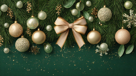 A festive arrangement featuring gold and green ornaments, a delicate bow, and lush pine branches set against a rich green background, perfect for holiday cheer.の素材