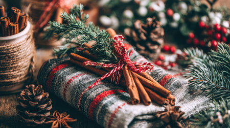A warm and inviting arrangement featuring cinnamon sticks, pine cones, and greenery on a rustic background, perfect for holiday celebrations.の素材