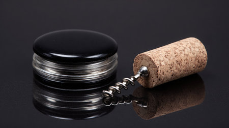 A polished corkscrew next to a sleek wine bottle stopper rests on a glossy black surface, perfect for culinary and beverage themed photography.の素材