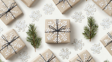 A beautiful arrangement of wrapped holiday gifts featuring snowflake designs and pine accents, perfect for festive celebrations and winter joy.の素材