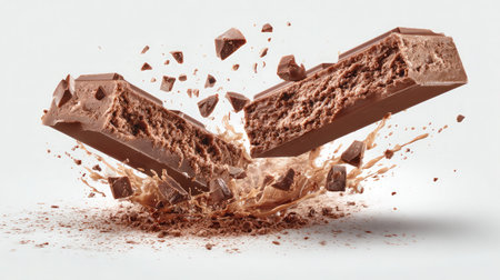 This captivating image features a chocolate bar bursting open, sending bits of cocoa and crushed chunks into the air, highlighting the dessert's rich texture and taste.の素材
