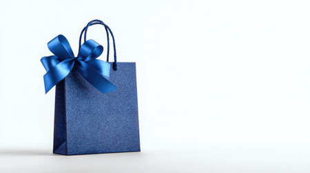 A stunning blue gift bag adorned with a satin bow, perfect for various celebrations. Its sleek design enhances any special occasion and adds elegance.の素材
