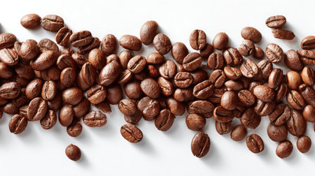 A captivating overhead view of freshly roasted coffee beans arranged on a white surface, showcasing their rich texture and aroma, ideal for food and drink enthusiasts.の素材