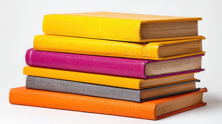 A vibrant stack of colorful books in orange, yellow, pink, gray, and purple, perfect for representing education, creativity, and literary inspiration. Ideal for editorial use.の素材