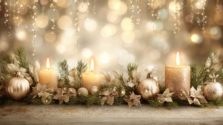Celebrate the holiday season with this beautifully arranged setup of candles and gold ornaments against a soft bokeh background, creating a warm, inviting ambiance perfect for festive gatherings.の素材