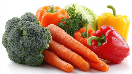 A vibrant arrangement of fresh organic vegetables, featuring broccoli, carrots, bell peppers, and cabbage, perfect for healthy cooking and nutrition.の素材