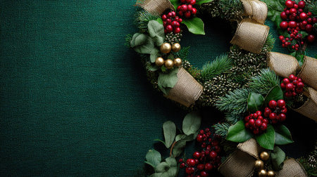 A beautifully crafted green Christmas wreath adorned with vibrant red berries and golden accents, perfect for holiday home decoration.の素材