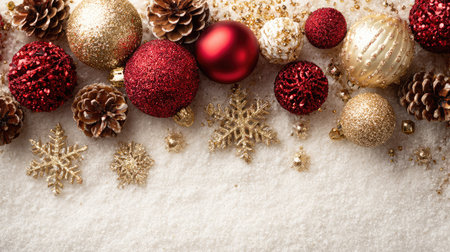 This stunning image features beautiful Christmas decorations, showcasing an array of red and gold ornaments, pinecones, and snowflakes on a soft white background.の素材