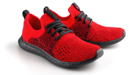 A pair of vibrant red athletic sneakers featuring a knitted upper with a stylish textured pattern. Perfect for both fitness activities and casual outings.の素材