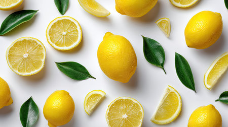 This vibrant image showcases fresh lemons and lemon slices arranged beautifully with green leaves on a clean white background. Perfect for culinary themes.の素材