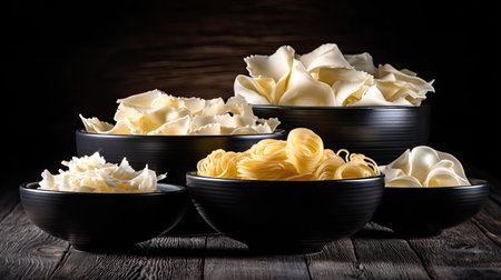A visually striking arrangement showcasing a variety of fresh pasta types in elegant black bowls. The backdrop enhances the textures and colors of the ingredients, perfect for culinary presentations.の素材