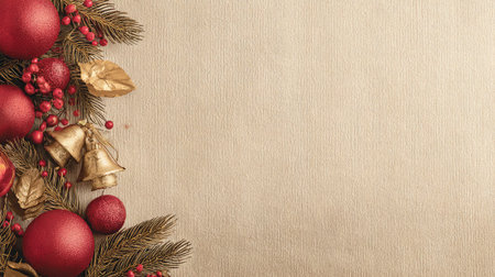 Celebrate the holiday season with this elegant arrangement featuring red ornaments, golden leaves, and bells against a neutral background, perfect for festive designs.の素材