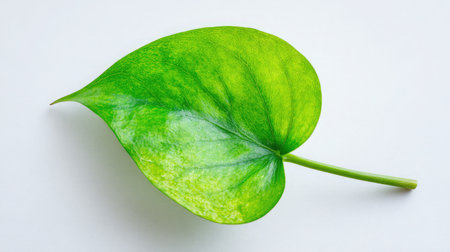 This image features a fresh green leaf on a clean white background, highlighting its vibrant color and intricate texture, perfect for nature themes.の素材