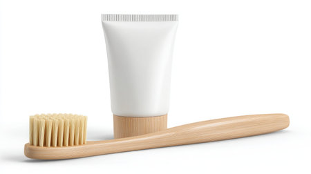 This image showcases a bamboo toothbrush paired with a natural toothpaste tube, perfect for promoting eco-friendly dental care practices in daily routines.の素材