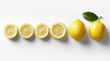 A visually appealing display of fresh lemons in various cuts, showcasing their vibrant yellow color on a clean white surface, ideal for food photography.の素材