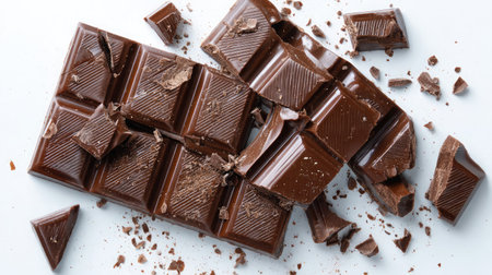 An inviting view of a broken dark chocolate bar with shavings scattered around, perfect for showcasing desserts or sweet treats in culinary projects.の素材