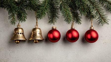 A beautiful display of decorative Christmas ornaments featuring golden bells and vibrant red baubles suspended from lush green pine branches.の素材