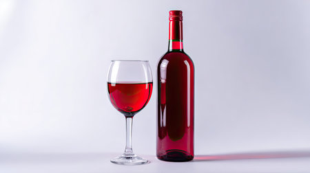 A striking image of a red wine bottle next to a filled glass, both on a minimalist background. Perfect for culinary promotions or elegant events.の素材