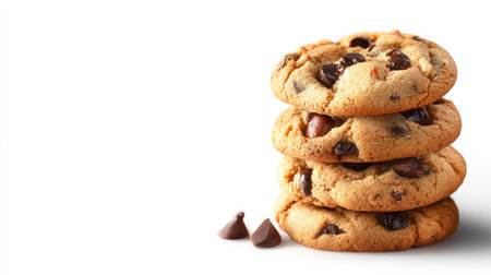 A tempting stack of freshly baked chocolate chip cookies presented on a clean white background, perfect for capturing the essence of homemade treats.の素材