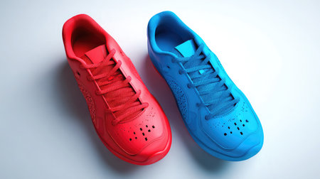 This striking image features a pair of vibrant red and blue athletic shoes placed on a clean, illuminated surface, highlighting their modern design and appeal.の素材