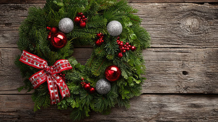 This stunning Christmas wreath features lush greenery adorned with vibrant red ornaments and a decorative bow, perfect for holiday decor.の素材
