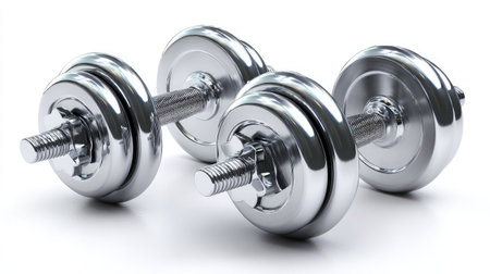 A pair of shiny silver dumbbells positioned on a clean white background, ideal for representing fitness, strength training, and healthy lifestyle choices.の素材