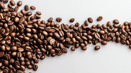 A visually captivating scene featuring freshly roasted coffee beans artistically spilling across a pristine white surface, evoking the warm aroma of morning brew.の素材