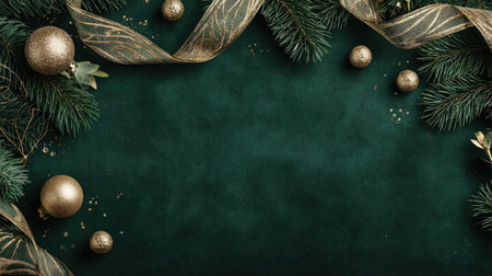 This stunning image showcases a luxurious green fabric background adorned with golden ornaments, pine branches, and ribbons, perfect for holiday decor inspiration.の素材