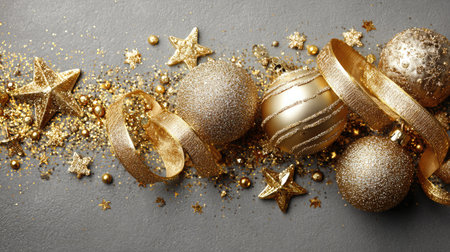 Vibrant golden Christmas decorations featuring glittering ornaments, sparkling stars, and festive ribbons, perfect for holiday celebrations and themed events.の素材