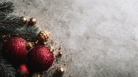 A beautiful arrangement of shiny red Christmas ornaments and pine branches sits on a light gray background, perfect for festive holiday decor and celebrations.の素材