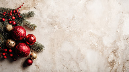 A stunning arrangement of red ornaments and fresh pine sprigs, beautifully set against a light marble background, perfect for holiday decor and celebrations.の素材