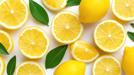 Vibrant and fresh lemons with lush green leaves showcase the essence of summer and health, perfect for culinary inspiration or decoration.の素材