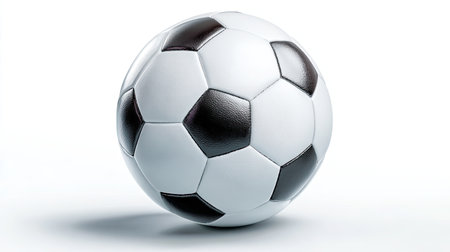 A classic black and white soccer ball is prominently featured against a clean background, perfect for conveying themes of sports, competition, and recreation.の素材