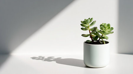 A minimalist succulent plant in a white pot captures attention with its vibrant green leaves and soft shadows on a light background, creating a serene atmosphere.の素材