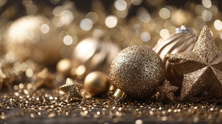 A stunning array of golden Christmas decorations featuring shimmering ornaments, glittering stars, and sparkling elements that create a warm festive atmosphere.の素材