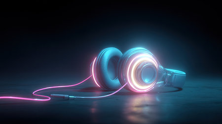 A visually striking image of futuristic headphones glowing with neon light effects, set against a dark background. Perfect for themes of music and technology.の素材