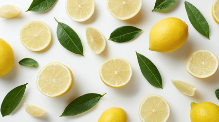This image showcases vibrant lemons and green leaves artistically arranged on a white background, perfect for culinary inspiration and food styling.の素材