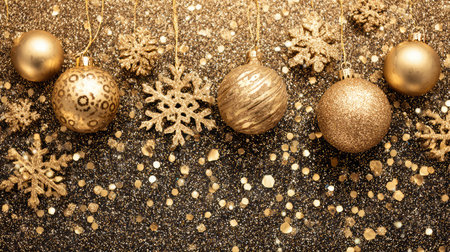 This stunning arrangement features elegant gold Christmas ornaments and glittering snowflakes against a shimmering background, creating a festive ambiance.の素材